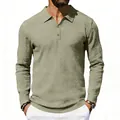 Detail view of men's linen long-sleeve polo shirt in olive green, showing fabric texture - S / Tops / Army Green