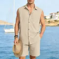 Lifestyle view of men's beige sleeveless shirt and shorts set on a beach background - S / Top And Bottom / Khaki