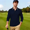 Men's navy long sleeve golf polo shirt with contrast collar trim on a green course - S / Tops / Navy Blue