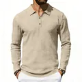 Close-up of a men's long-sleeved linen-textured polo shirt in a light beige color - S / Tops / Light Khaki