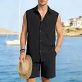 Men's black sleeveless linen beach set with button-down shirt and matching shorts - S / Top And Bottom / Black