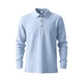 Detail view of a men's light blue long-sleeved polo shirt with breathable linen texture - S / Tops / Light Blue