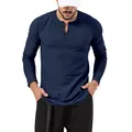 Navy blue men's slim fit long sleeve Henley shirt with three-button placket design - S / Tops / Navy Blue