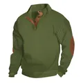 Olivgrüner Herrenpullover mit Gitterstruktur, Ellbogenpatches und Knopfkragen - S / Tops / Armeegrün