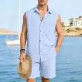 Close-up view of men's light blue sleeveless linen beach set with button details - Sky Blue