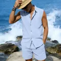 Men's light blue sleeveless linen beach set worn in a coastal outdoor lifestyle setting - S / Top And Bottom / Light Blue