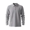 Detailed macro view of grey linen blend long sleeve polo shirt texture and buttons - S / Tops / Dark Gray