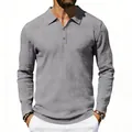 Close-up detail of a grey long-sleeved linen Polo shirt for men with classic collar - S / Tops / Dark Gray