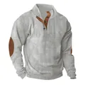 Close-up of men's ribbed corduroy sweatshirt with stand collar and elbow patches. - Light Gray