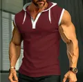 Casual men's maroon hooded tank top featuring white contrast trim and button neckline - S / Tops / Dark Red