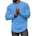 Casual men's long-sleeved crew neck solid light blue T-shirt with stylish curved hem - S / Tops / Blue