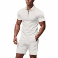 Men's summer waffle knit polo shirt and shorts set in white for a clean look. - M / Top And Bottom / White