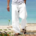 Pantalon décontracté pour hommes en coton et lin blanc ample sur une plage ensoleillée - M / Bottoms / Blanc