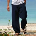 Pantalon large en coton et lin bleu marine pour hommes, style décontracté pour plage - M / Bottoms / Bleu marine