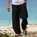 Vue détaillée du pantalon décontracté en coton et lin noir pour homme sur la plage d'été - M / Bottoms / Noir