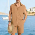 Men's stylish khaki linen sleeveless shirt and matching shorts set for beach vacation - Caramel color