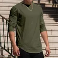 Olive green long sleeve round neck casual men's t-shirt with curved hem detail - S / Tops / Army Green