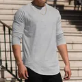 Men's athletic grey marl long sleeve crew neck t-shirt with a stylish curved scallop hem - S / Tops / Light Gray