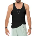Detailed macro view of black ribbed elastic men's slim fit sports tank top - M / Tops / Black