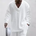 Detailed texture of men's white cable-knit V-neck sweater and matching casual trousers. - S / Tops / White