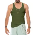 Close-up of men's slim-fit ribbed tank top in olive green for fitness and casual wear - M / Tops / Army Green