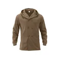 Detail view showing the double-breasted buttons and hood of the brown slim jacket - S / Tops / Khaki