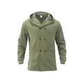 Close-up view of olive green hooded trench coat with double-breasted button details - Light Green