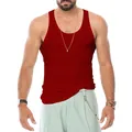 Detailed view of red ribbed slim fit tank top for men on model - Wine Red