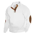 Macro detail of men's white checkered knit sweatshirt with brown suede-like elbow patches - S / Tops / White