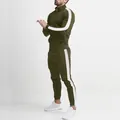 Side view of olive green men's tracksuit with white side stripes and stand-up collar. - M / Top And Bottom / Army Green and White