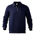 Detailed view of a navy blue men's textured jacquard sweatshirt with half-zipper and polo collar - Navy Blue