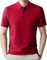 Detail view showing the textured waffle knit fabric of the red short-sleeved Polo shirt. - S / Tops / Red