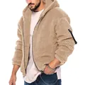 Giacca da uomo con cappuccio in pile teddy caldo color kaki con zip per l'inverno - S / Tops / Cachi