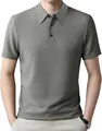 Detailed view of grey men's short sleeve polo shirt with honeycomb textured fabric - S / Tops / Light Gray