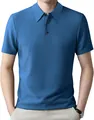 Detail view of the blue waffle textured fabric on a men's short sleeve Polo shirt. - S / Tops / Blue