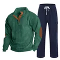 Men's two-piece corduroy tracksuit set with green half-button pullover and blue pants - S / Top And Bottom / Fruit Green and Navy
