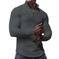 Dunkelgraues Herren-Sweatshirt mit Viertelreißverschluss, Waffelstrickmuster und Stehkragen - S / Tops / Dunkelgrau