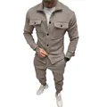 Premium men's two-piece khaki suede casual workwear jacket and matching jogger pants set - S / Top And Bottom / Camel