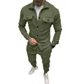 Men's olive green suede two-piece tracksuit set with jacket and jogger pants - S / Top And Bottom / Army Green