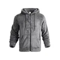 Close-up detail of a soft gray plush fleece zip-up hoodie showing texture and pockets - S / Tops / Gray