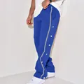 Men's blue straight-leg sports pants with side snap buttons and reflective stripe - S / Bottoms / Blue