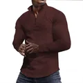 Herren Waffelstrick-Sweatshirt mit Viertelreißverschluss in Braun Stehkragen lang - S / Tops / Burgunderrot