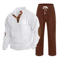 Men's casual corduroy tracksuit set with half-zip sweatshirt and brown cargo pants - S / Top And Bottom / White with Brick Red
