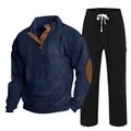 Men's navy blue ribbed sweatshirt and black trousers sports leisure two-piece clothing set - S / Top And Bottom / Navy And Black