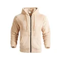 Detailed view of beige fuzzy hooded zip-up jacket featuring soft plush texture and drawstring - S / Tops / Khaki