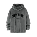 Felpa grigia in pile con cappuccio e ricamo New York da uomo, vestibilità comoda - S / Tops / Grigio