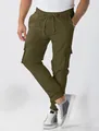 Men's olive green cargo jogger pants with drawstring waist and multi-pockets - S / Bottoms / Army Green
