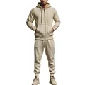 Tuta sportiva da uomo beige con felpa con cappuccio e zip, spessa e calda per l'inverno - S / Top E Pantaloni / Bianco Sporco