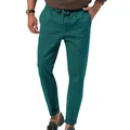 Heren casual groenblauwe broek met trekkoord en omgeslagen zoom voor de zomer - Donkerblauw / S