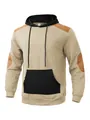 Detailansicht des khakifarbenen Stepp-Hoodies mit schwarzer Tasche und Ellbogen-Patches - S / Tops / Khaki